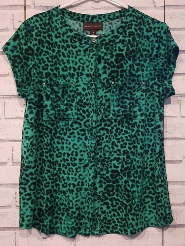 Dana Buchman Damen Gr. M Bluse grün schwarz Knopfleiste Taschen Stretch Fit