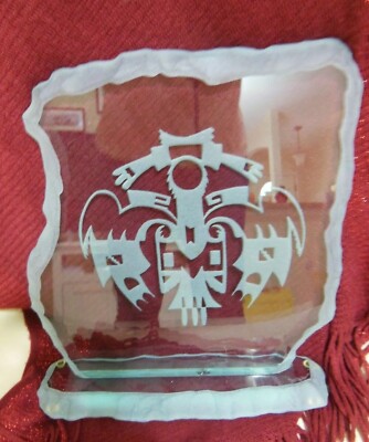 Totem Thunderbird Katchina Etched Glass Signed JRJ? Pacific Northwest Art SALE