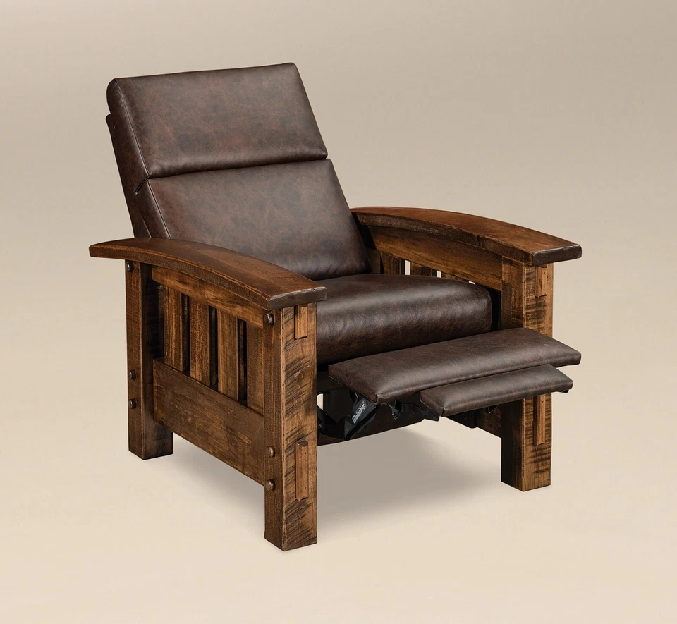 Silla reclinable rústica Amish Mission madera maciza aserrada áspera listones espiga cuero Foto 2 de 4