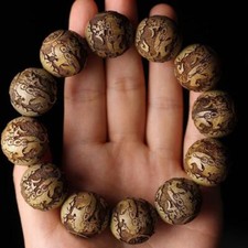 Golden Phoebe Wood Bead Bracelet Carved Pixiu Buddhist Mala Unisex Wrist Jewelry