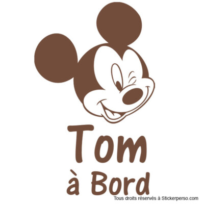 Autocollant Voiture "Bébé à Bord" Avec Mickey - Personnalisable Avec Le Prénom De L'Enfant
