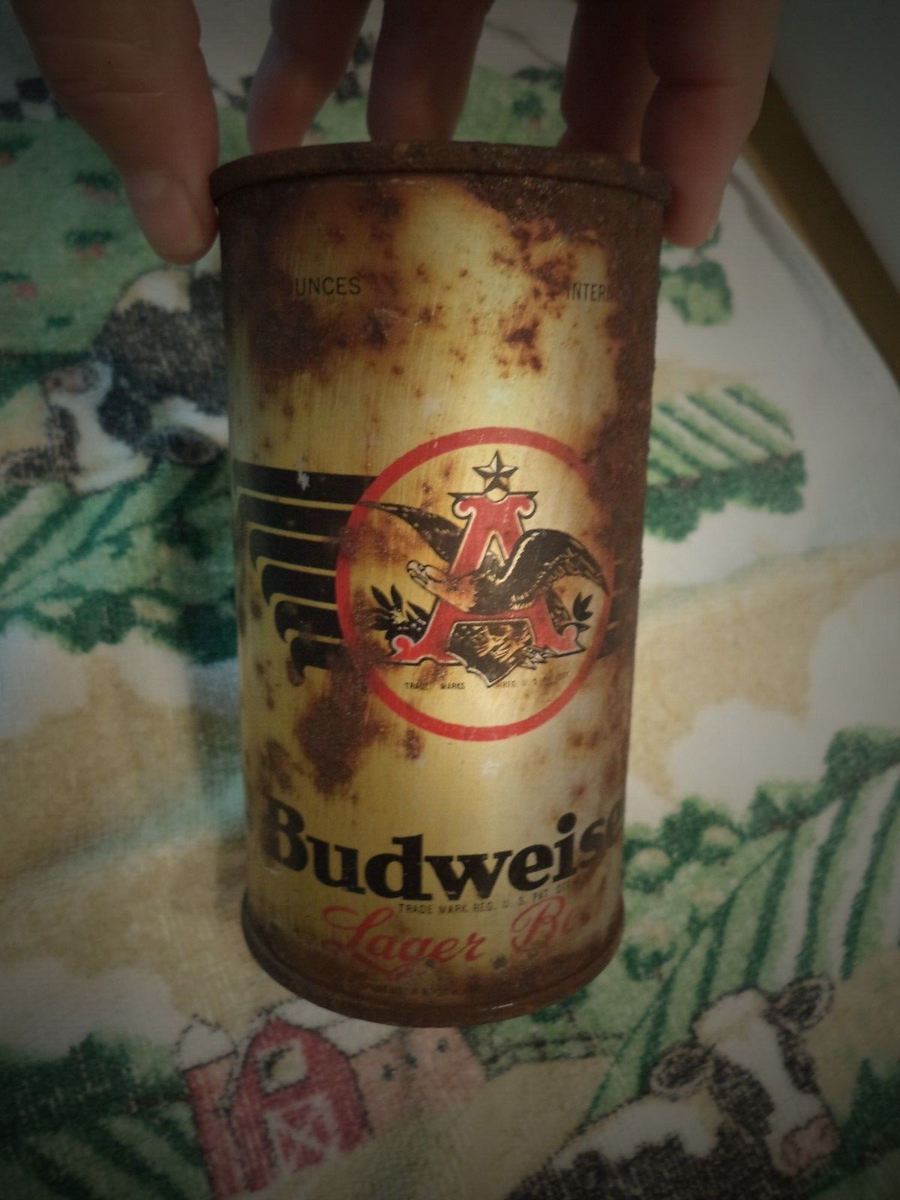 BUDWEISER 12 OZ PUNCH FLAT TOP STRAIGHT EDGE STEEL BEER CAN BUSCH
