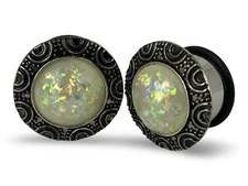 Pair 316L Steel Single Flare Plug with Brass Top and Faux Opal (PS-117) gauges