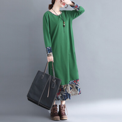 Women A-line Midi Dress Long Sleeve Chinese Style Swing Loose Casual Splice  Soft | eBay