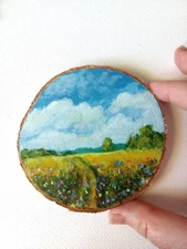 miniature acrylic painting on wood slice Landscape summer field of flowers 4.5in
