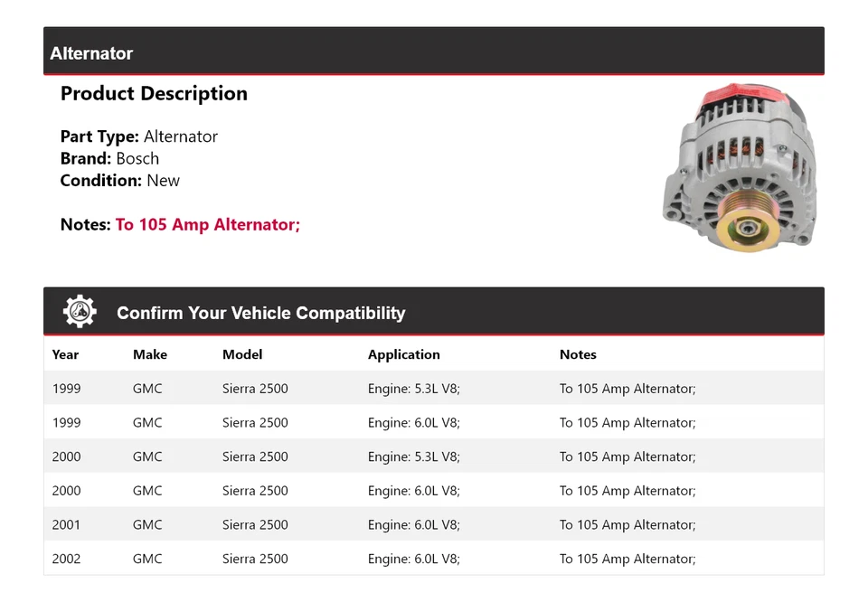 Alternador Bosch GMC Sierra 2500 1999-2002 (nuevo) 2000 2001 Foto 2 de 4