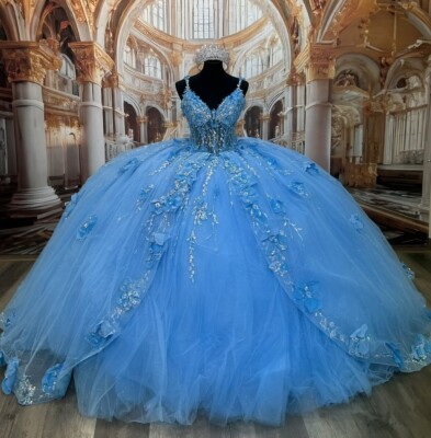 Light Blue Quinceanera Dresses Sweet 15 3D Flowers Princess Party Ball  Gowns | eBay