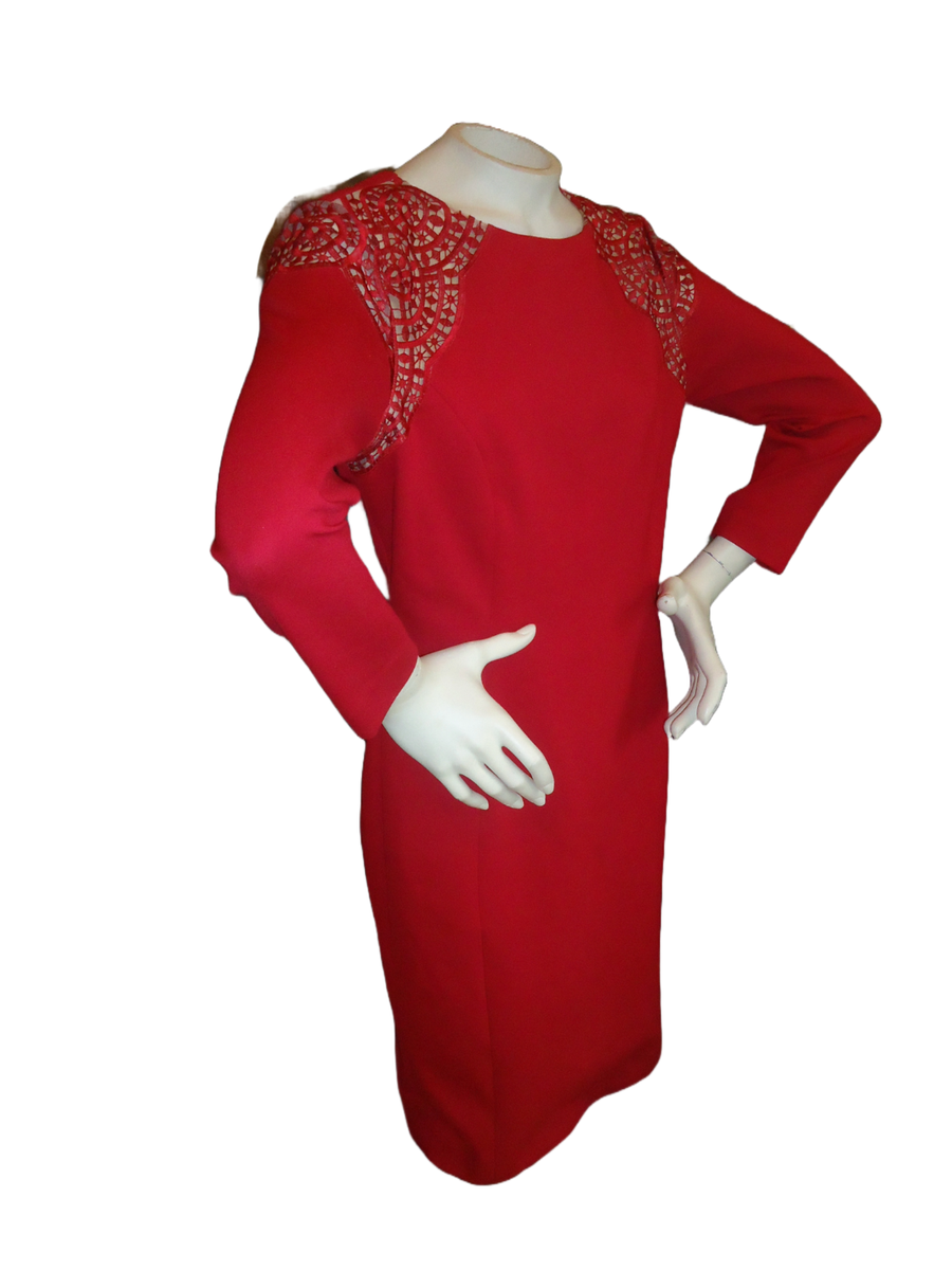 Antonio Melani Size 8 Dress Red Lace Shoulder Ponte Knit Stretch Lined  Cocktail