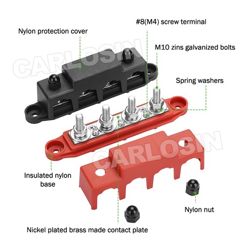 2pcs 4 Post Power Distribution Block Terminal Screw Bus Bar 250A 12V-48V DC M8 - Picture 3 of 11