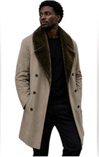 Vintage London Fog Men's Beige Double-Breasted Overcoat Faux Fur Collar Long 40L