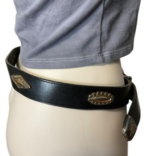 vtg BRIGHTON sz Large Leather Belt Black Silvertone Accents 1991