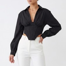 SHEIN Black Corset Style Cropped Blouse Long Sleeve V-Neck Top Large KLB
