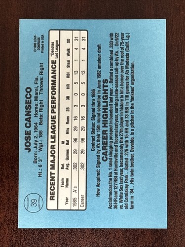 1986 Donruss #39 Jose Canseco Rated Rookie Card RC Oakland Athletics Baseball - Picture 2 of 2