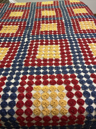 Vintage Yo Yo Quilt Top Coverlet Handmade 76 x 91 Blue Red Yellow - Picture 6 of 18