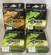 Four (4) PowerPro Braided Fishing Line: 2 8lb 150yds Moss Green, 1 20lb 300yds W