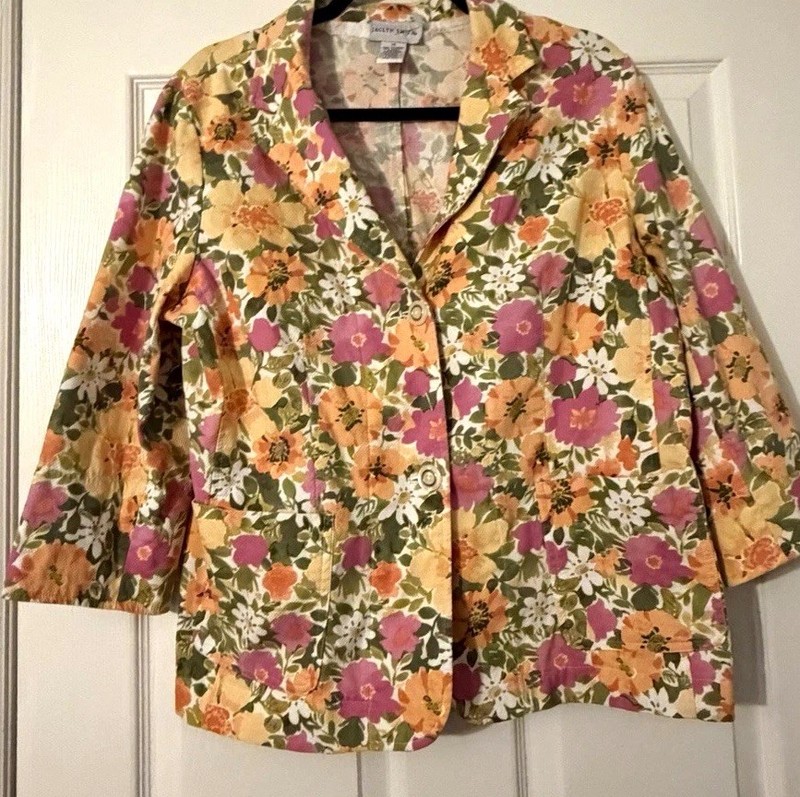 Jaclyn Smith Womens Floral Blazer Jacket Multicolor Button Front Lined Size 14