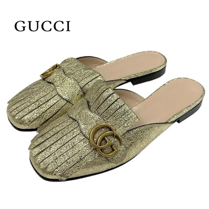 GUCCI Double G GG Marmont Sandals Mule Slipper Sandals Shoes Fringe Leather Gold
