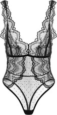 Women Lingerie Lace Bodysuit Deep V Neck Dobby Mesh Body Suits