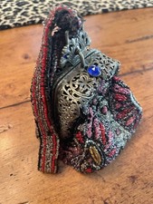 1800s ANTIQUE FILIGREE JEWELED BEADED METAL FRAME BAG PURSE WRISTLET ART NOUVEAU