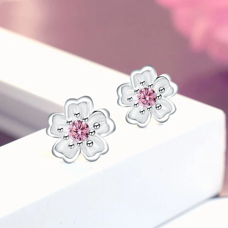 Mini Pendientes Para Mujer Elegantes Rosa Estrás Flor de Cerezo Cobre Foto 2 de 4