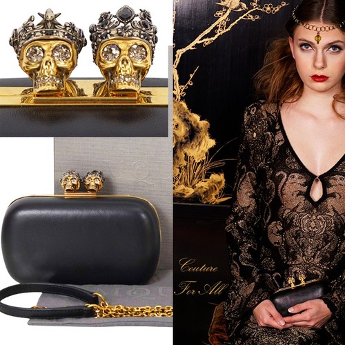 RETIRED $3,990 ALEXANDER MCQUEEN Black Leather KING QUEEN SKULL Clutch BAG STRAP