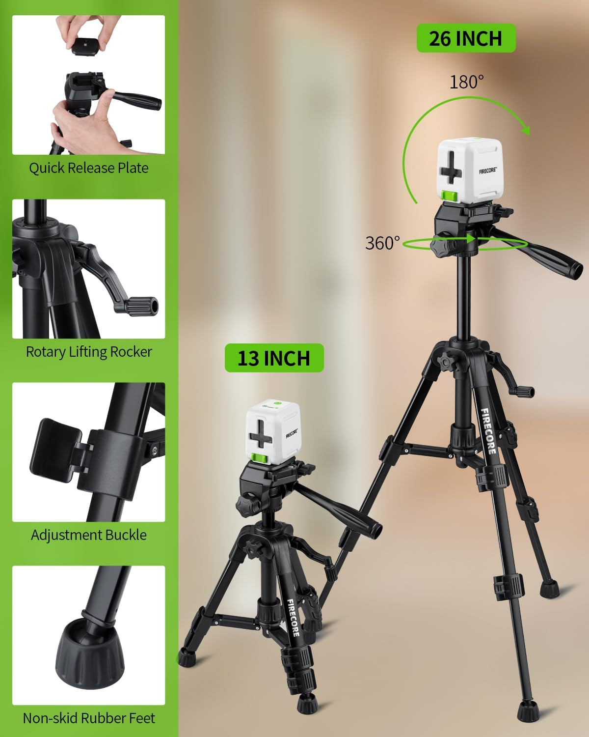Firecore Laser Level with Tripod, Self Leveling Laser Level Green Cross Line Las