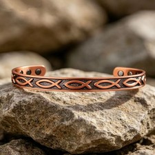 Pure Copper Magnetic Bracelet Arthritis Therapy Energy Cuff Jesus Fish