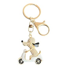 Gold Tone Dog on Scooter Keychain 3.75" Rhinestone Animal Charm Key Ring