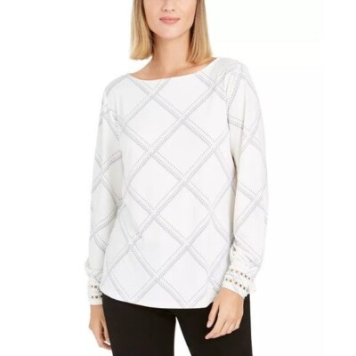 Charter Club Womens L Cloud White Combo Plaid Long Sleeve Trim Cuff Top NWT AV33
