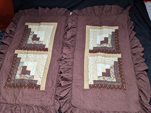 Pair Vintage King Size Hand Quilted Pillowcases Ruffles Brown - Picture 5 of 10
