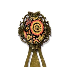 Autumn Amber Flower Florals - Handmade Bookmark Oval Glass Metal Book Lovers