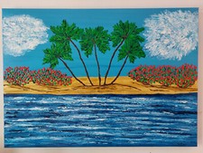 QUADRO MODERNO DIPINTO A MANO PAESAGGIO MARE PALME OASI - 50x70x4cm  RIF109