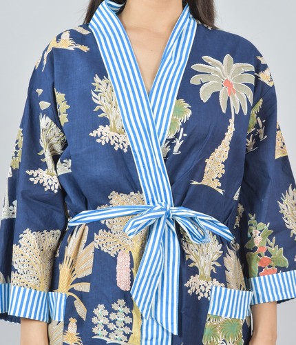 100% Cotton Floral Print Kimono Bathrobe with Pocket Royal Blue Robe for Women - Picture 6 of 6