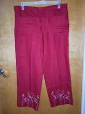 100 Linen Womens Drawstring Wide Leg Stitches Floral Pattern Size M
