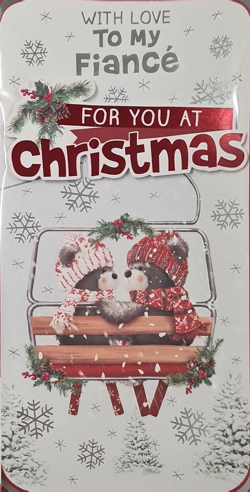 Christmas Card With Love To My Fiance (Male) Two Bears on Bench in Snow Foil