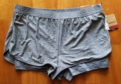 New REEBOK Women s XLarge Gray Stretch Logo Waistband Slim Running Shorts $45