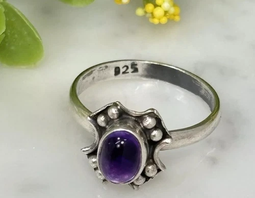 Vtg Artisan Sterling Silver 925 Natural Purple Amethyst Cabochon Ring Size 6.5