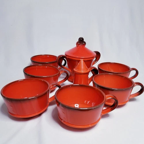 Vintage Metlox Vernon Poppytrail Red Rooster Set of 6 Cups, Creamer Dish, Sugar 