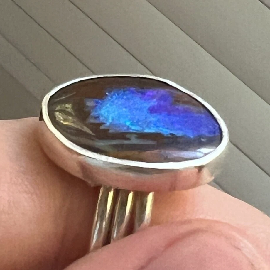 Anillo de plata esterlina de ópalo de roca australiano ~ 9 joyas artesanales de madera fosilizada Foto 4 de 4