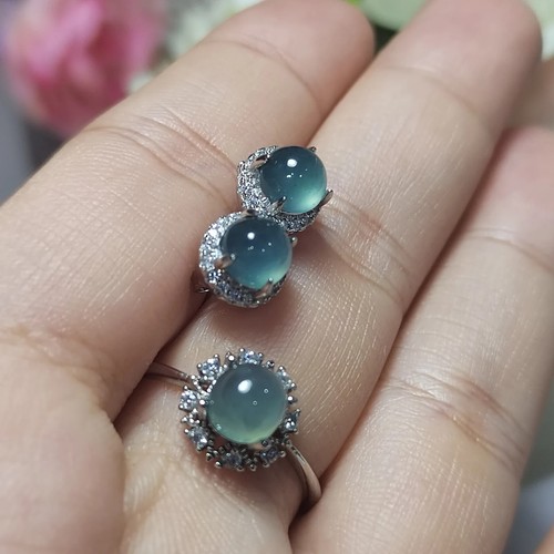 Round Ocean Blue 2pcs Set Light Bump Natural Earring & Ring Jadeite SL075 - Picture 3 of 8