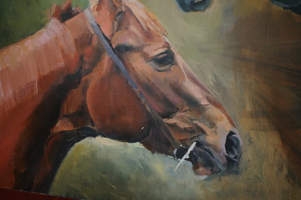 LARGE ORIGINAL FELICITY PRIEST 2000 SIGNED OIL PAINTING LYNDA'S FIVE RACE HORSES - Image 3 of 4