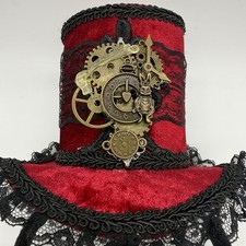 Victorian Steampunk Mad Hatter Red Velvet Mini Top Hat Fascinator Headband Blk