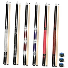 Pool Cues Set of 6, 58 Inch 2 Piece Black+White+Purple+Red+Pink+Brown