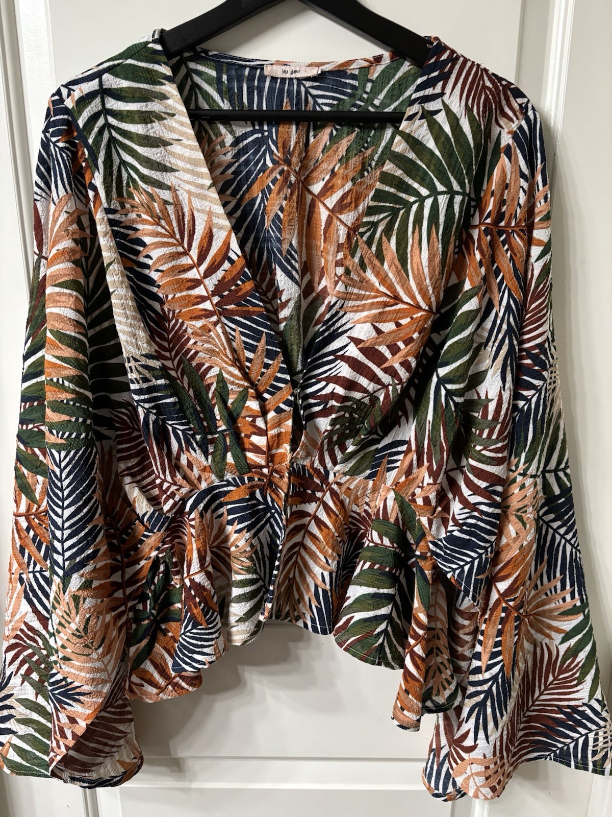 Mi Ami Floral Kimono Sleeve Top Tropical Rust Green Blue Palm Leaves See Desc.