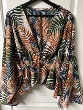 Mi Ami Floral Kimono Sleeve Top Tropical Rust Green Blue Palm Leaves See Desc.