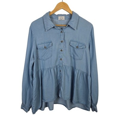 Perch by Blu Pepper Women 1XL Blue Lyocell Peplum Button Up Shirt