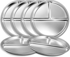 Stainless Steel Toddler Plate Set of 6, 9" Portion Control Plates Divided Plate