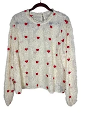 Retro Heart Top 2XL Cream Floral Embroidery Fuzzy Chic Preppy Classic Boho Artsy
