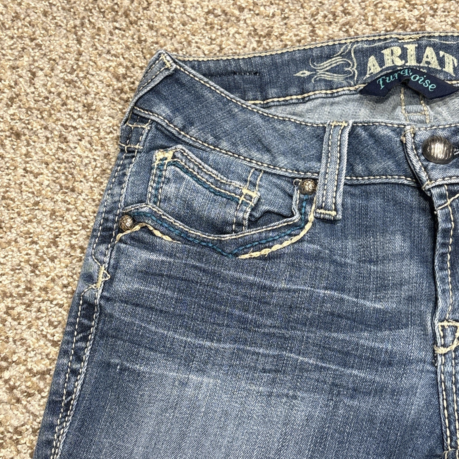 Ariat Turquoise Bootcut Jeans Women 28R Fits 27 X 32 Blue Denim Embellished - View 3
