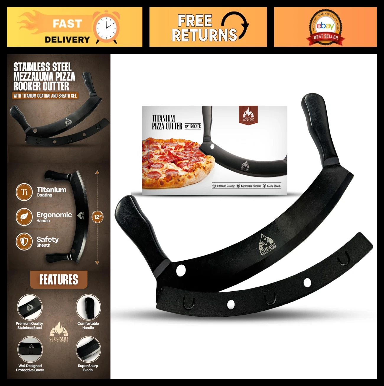 12" Stainless Steel Pizza Cutter Rocker Knife - Professional Mezzaluna with Cove
Opens in a new wind